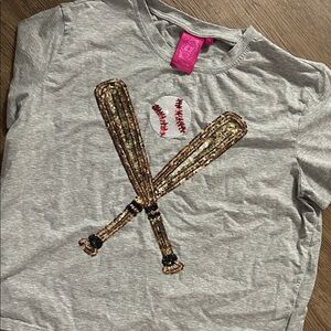 QUEEN OF SPARKLES Gray Sequin Baseball Bats Tee